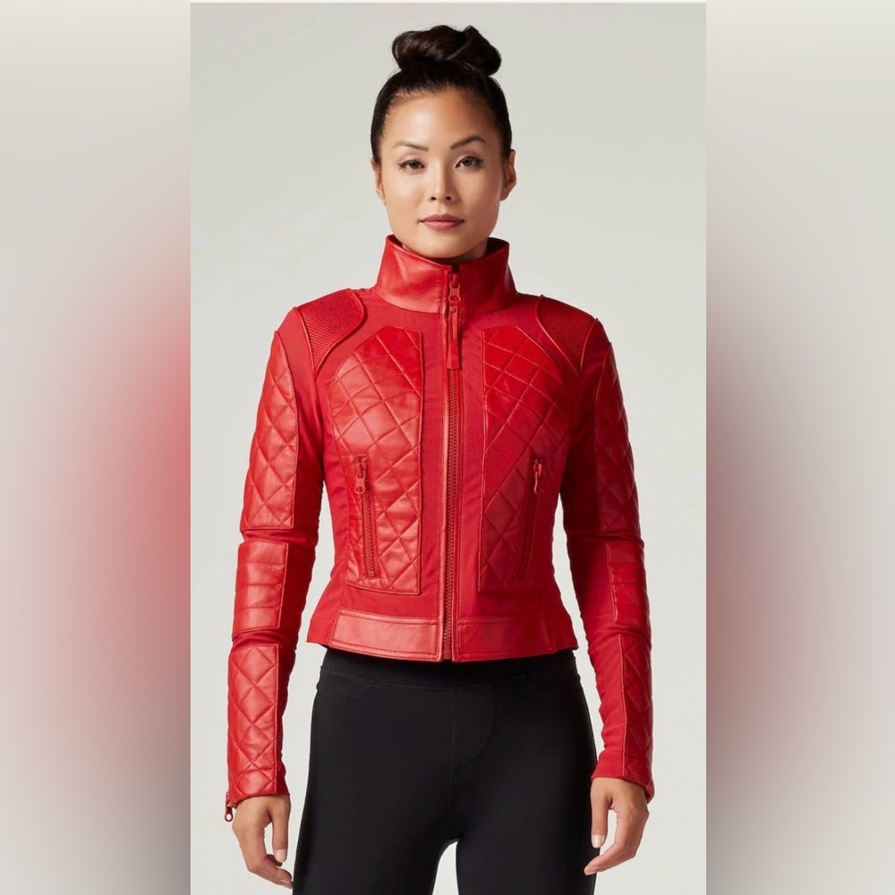 Blanc Noir Luxe Classic Leather Mesh Moto Jacket - Haute Red Large